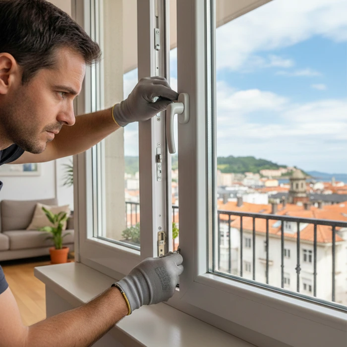 Técnico reparando el mecanismo de cierre de una ventana de PVC en Santander.